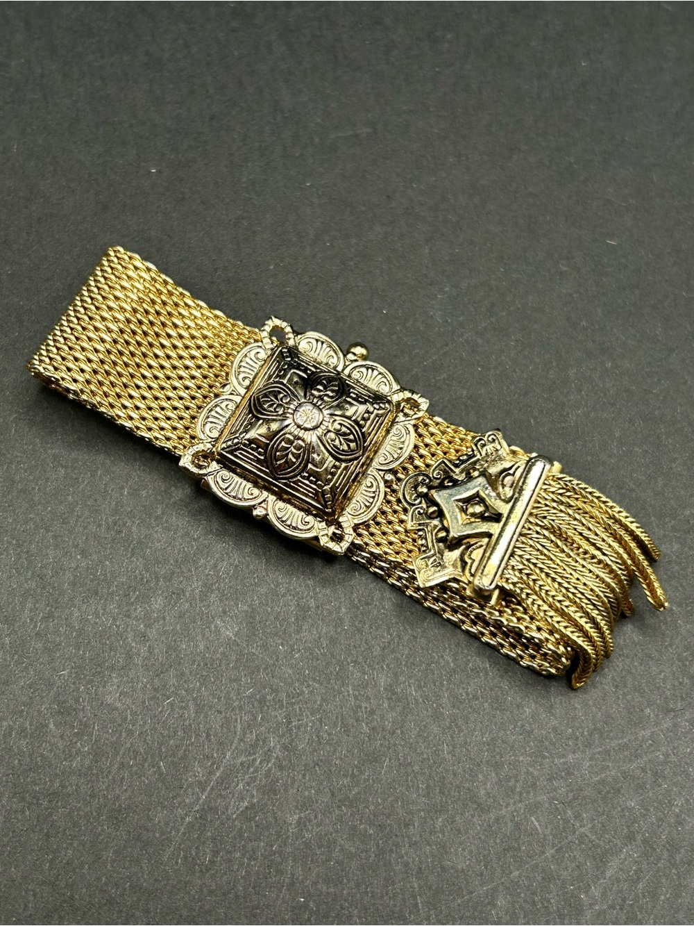 VTG Marino Mesh Gold Fringe Slider Bracelet Victorian Revival 9”